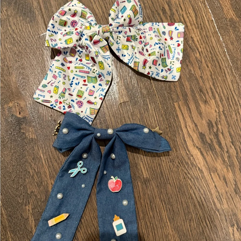 Colorful Kids School Themed Hair Bows Denim and White